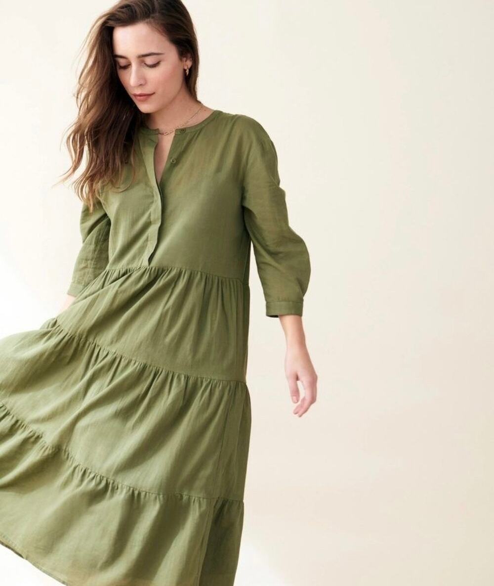 Jenni Kayne James Tiered A-Line Henley Long Sleeve Cotton Dress Moss Green XS